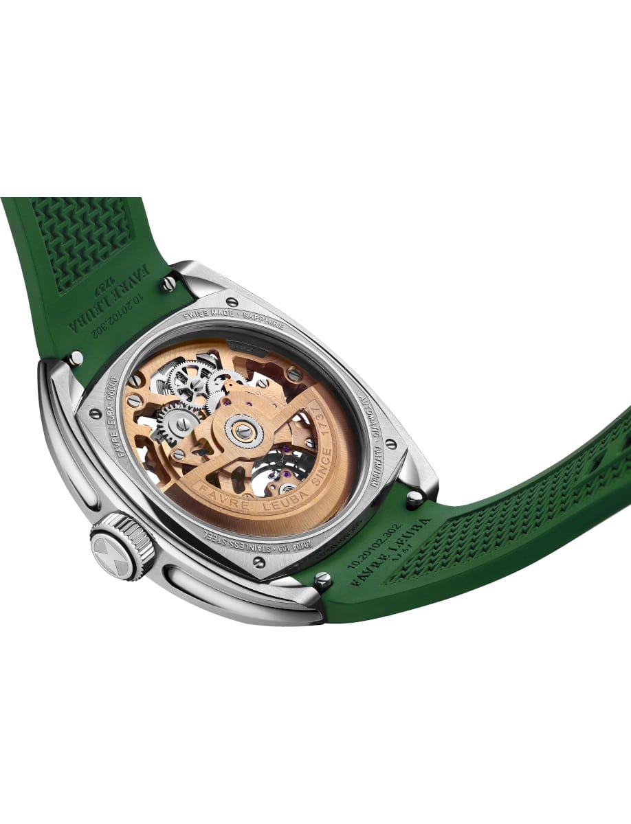 Back view of Favre Leuba wristwatch with stainless steel case, open case back, and green rubber strap.