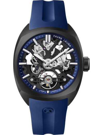 Favre Leuba wristwatch with stainless steel case with black DLC coating, skeletonized dial with a blue minute ring, and blue rubber strap.