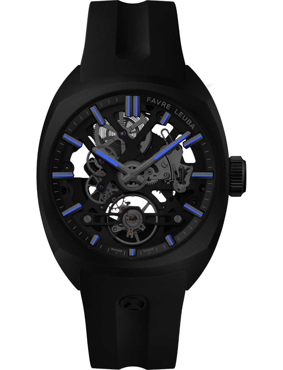 Night view of Favre Leuba wristwatch with stainless steel case with black DLC coating, skeletonized dial with a blue minute ring, and blue rubber strap.