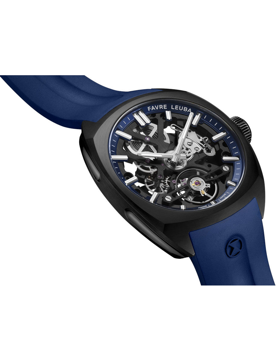 Side view of Favre Leuba wristwatch with stainless steel case with black DLC coating, skeletonized dial with a blue minute ring, and blue rubber strap.