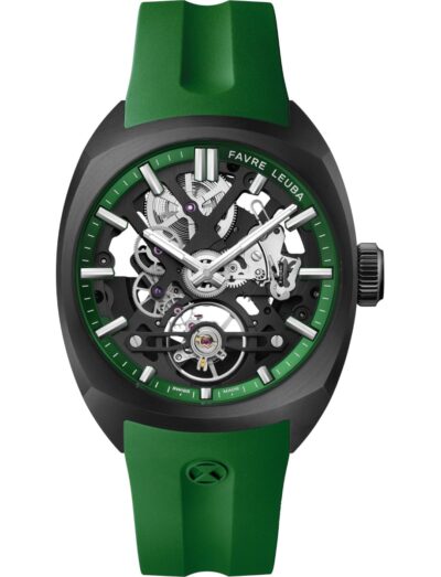 Favre Leuba wristwatch with stainless steel case with black DLC coating, skeletonized dial with a green minute ring, and green rubber strap.