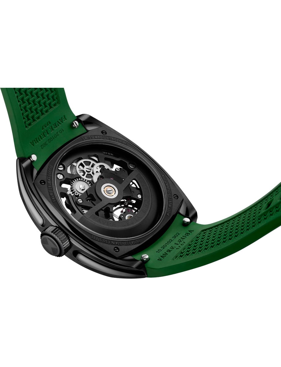 Side view of Favre Leuba wristwatch with stainless steel case with black DLC coating, open case back, and green rubber strap.
