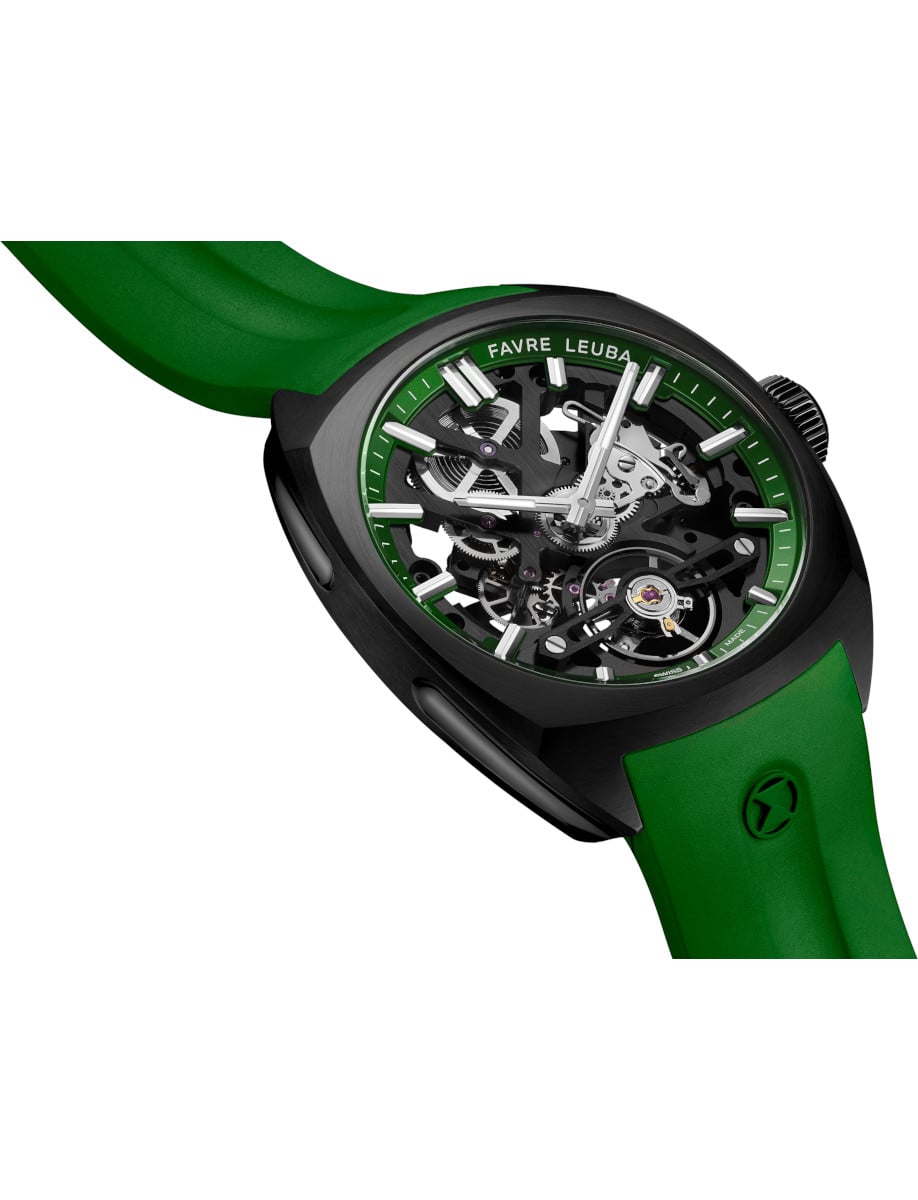 Side view of Favre Leuba wristwatch with stainless steel case with black DLC coating, skeletonized dial with a green minute ring, and green rubber strap.