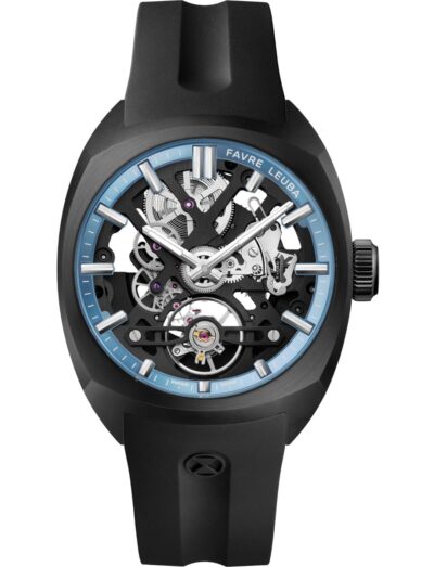 Favre Leuba wristwatch with stainless steel case with black DLC coating, skeletonized dial with a blue minute ring, and black rubber strap.