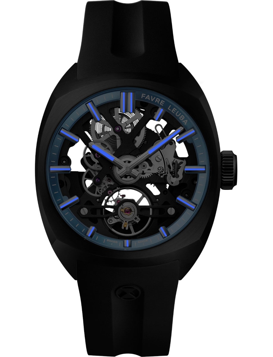 Night view of Favre Leuba wristwatch with stainless steel case with black DLC coating, skeletonized dial with a blue minute ring, and black rubber strap.