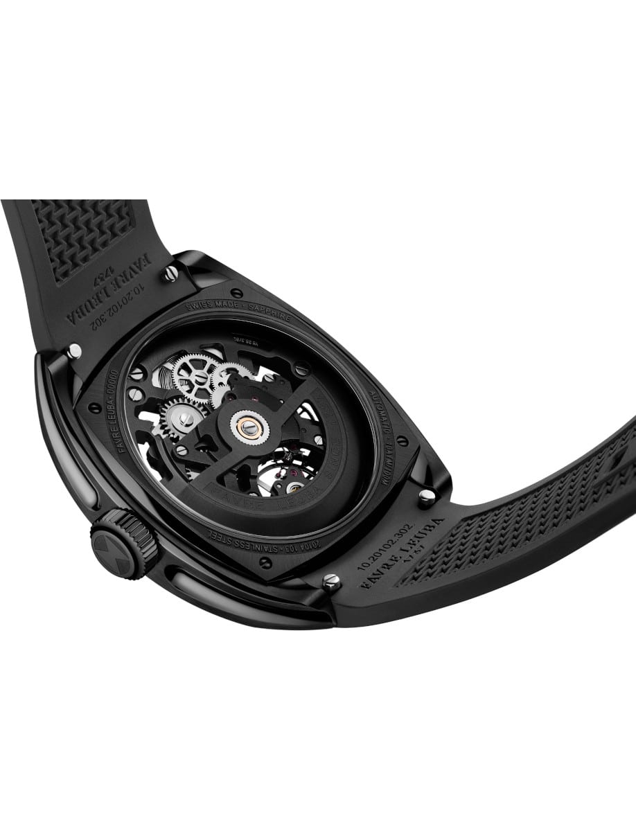 Back view of Favre Leuba wristwatch with stainless steel case with black DLC coating, open case back, and black rubber strap.