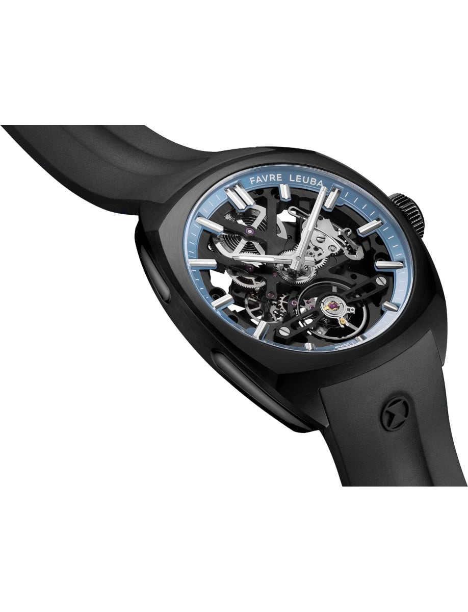 Side view of Favre Leuba wristwatch with stainless steel case with black DLC coating, skeletonized dial with a blue minute ring, and black rubber strap.