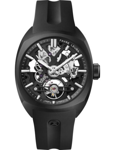 Favre Leuba wristwatch with stainless steel case with black DLC coating, skeletonized dial, and black rubber strap.