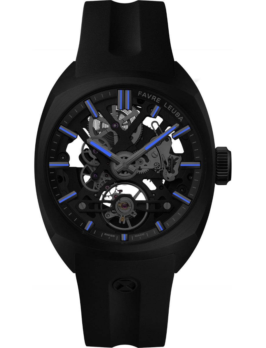 Night view of Favre Leuba wristwatch with stainless steel case with black DLC coating, skeletonized dial, and black rubber strap.