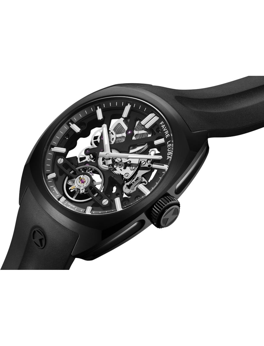 Side view of Favre Leuba wristwatch with stainless steel case with black DLC coating, skeletonized dial, and black rubber strap.