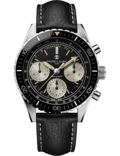 Favre Leuba wristwatch with stainless steel case, black dial, and black leather strap. | Feldmar Watch Co. Favre Leuba wristwatch with stainless steel case, black dial, and black leather strap.