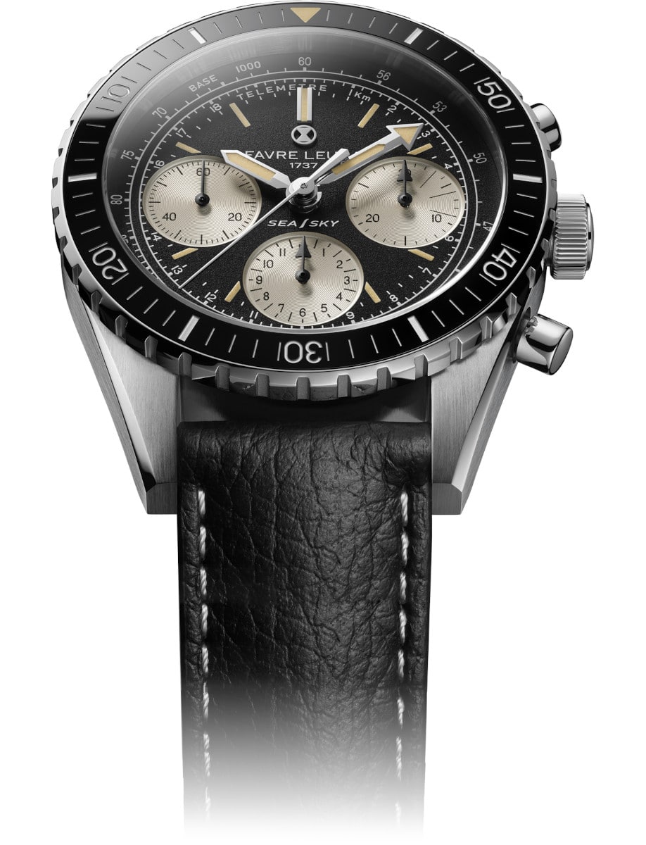 Front view of Favre Leuba wristwatch with stainless steel case, black dial, and black leather strap.