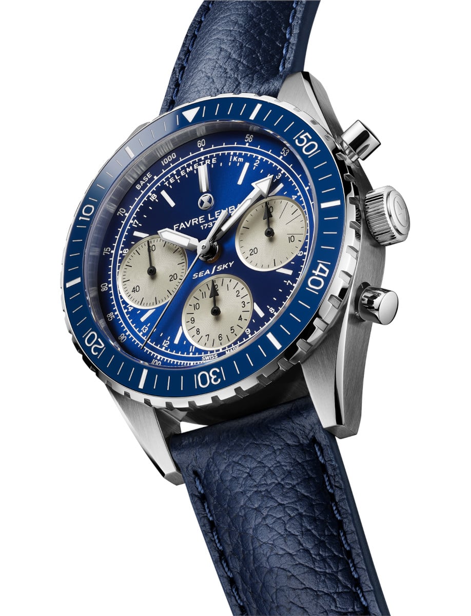 Side view of Favre Leuba wristwatch with stainless steel case, blue dial, and blue leather strap.