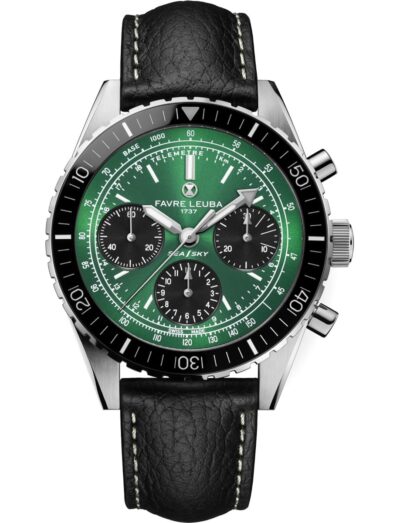 Favre Leuba wristwatch with stainless steel case, green dial, black leather strap. | Feldmar Watch Co. Favre Leuba wristwatch with stainless steel case, green dial, black leather strap.