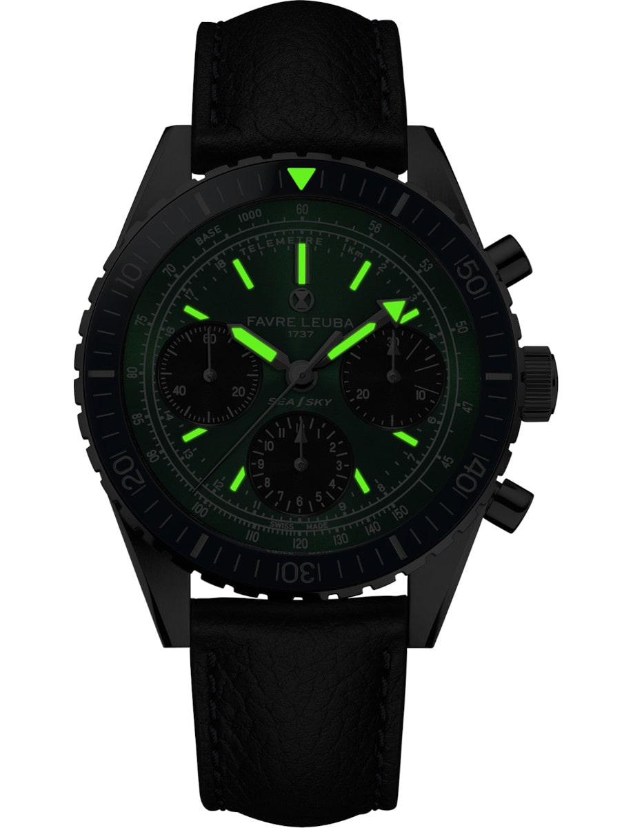 Night view of Favre Leuba wristwatch with stainless steel case, green dial with luminous hands and indexes, and black leather strap.
