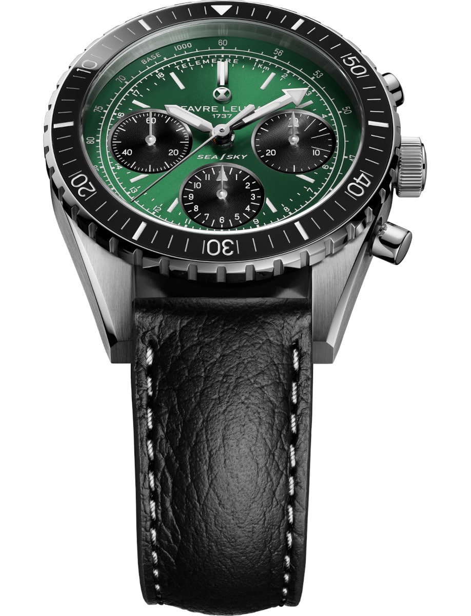 Front view of Favre Leuba wristwatch with stainless steel case, green dial, black leather strap.