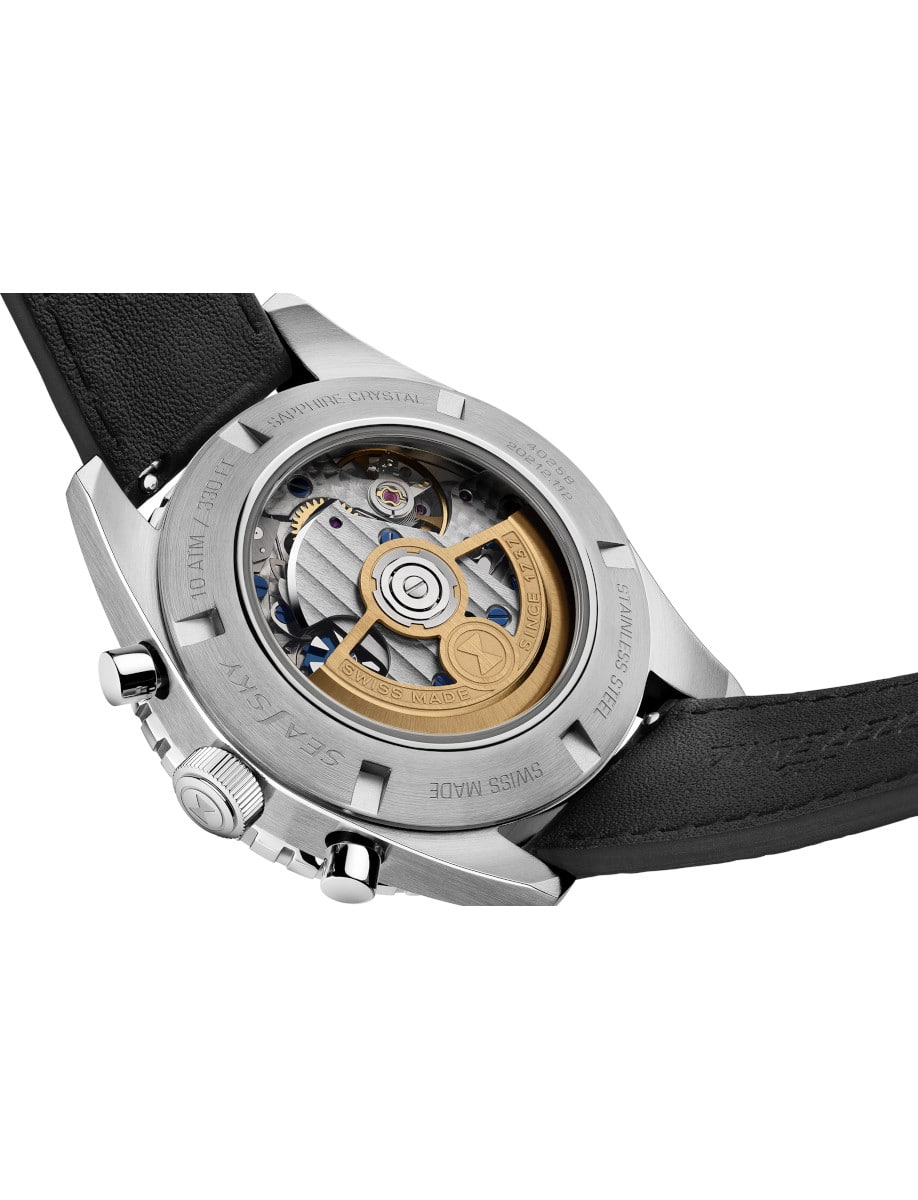 Favre Leuba wristwatch with stainless steel case, open case back, and black leather strap.