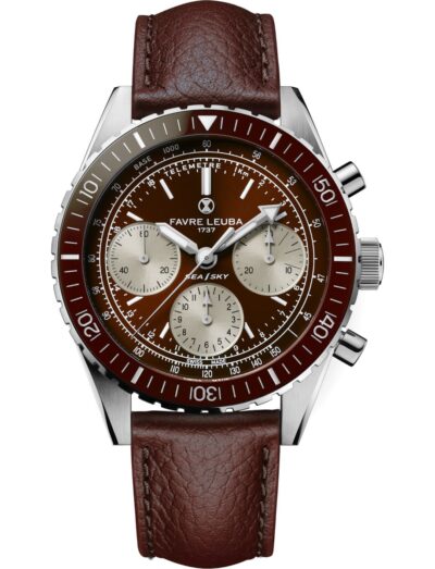 Favre Leuba wristwatch with stainless steel case, brown dial, and brown leather strap. | Feldmar Watch Co. Favre Leuba wristwatch with stainless steel case, brown dial, and brown leather strap.