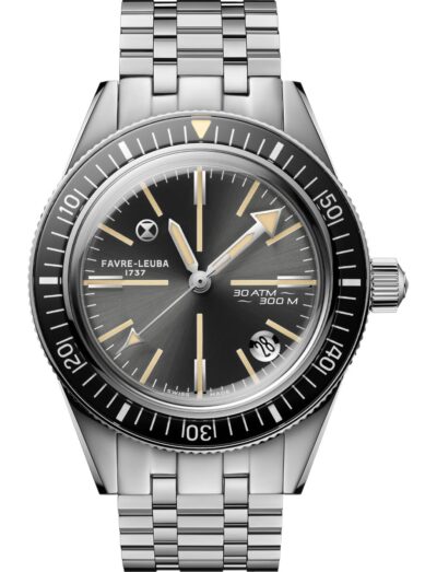 Favre Leuba wristwatch with stainless steel case and bracelet, and grey dial.