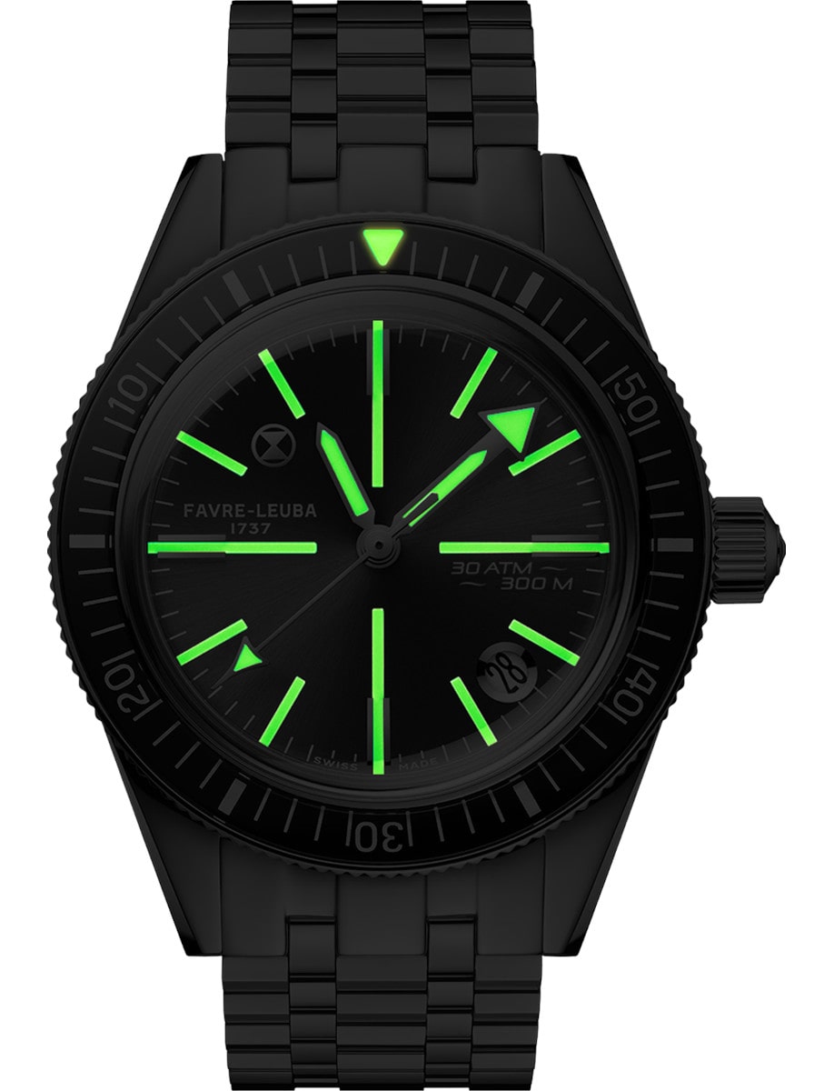 Night view of Favre Leuba wristwatch with stainless steel case and bracelet, and grey dial.