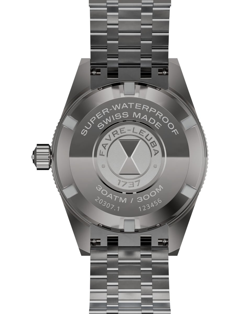 Back view of Favre Leuba wristwatch with stainless steel case and bracelet.