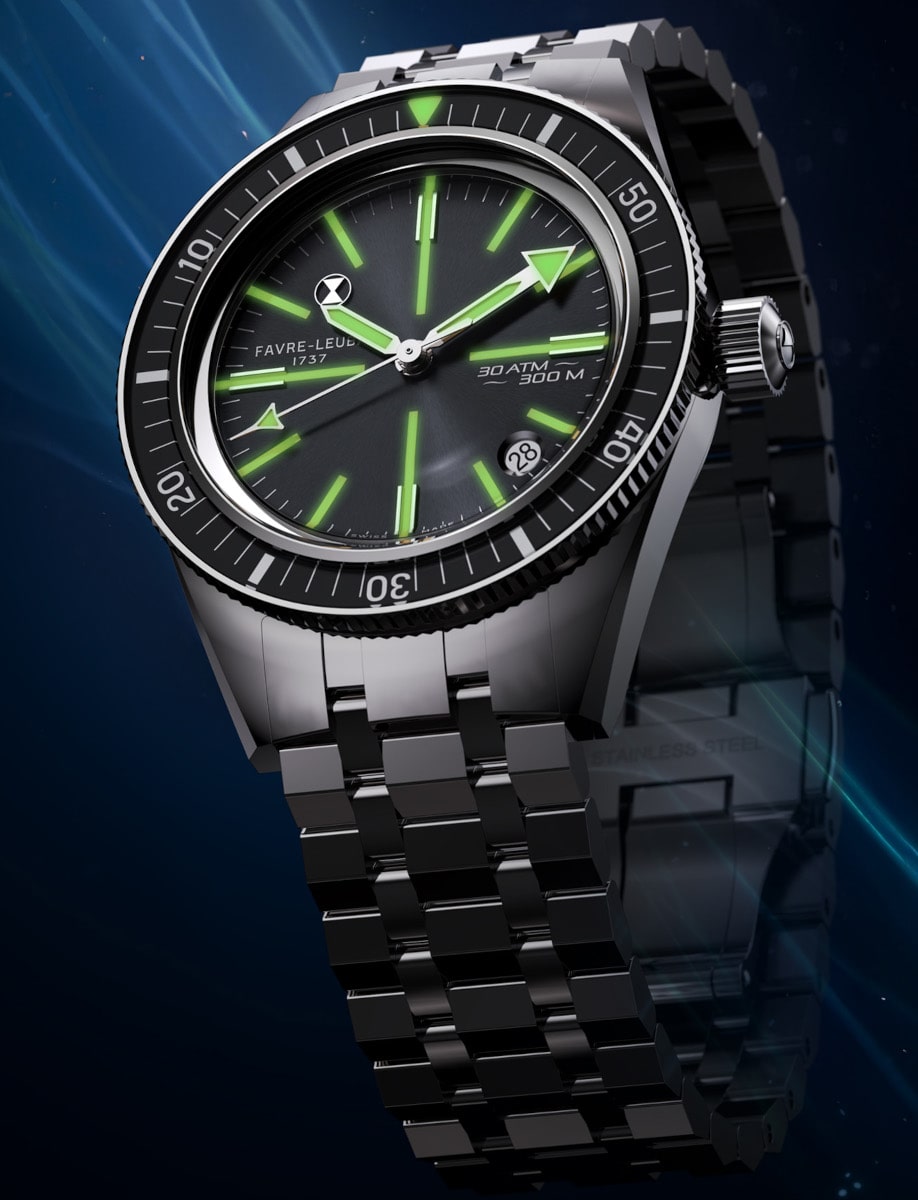 Side view of Favre Leuba wristwatch with stainless steel case and bracelet, and grey dial.