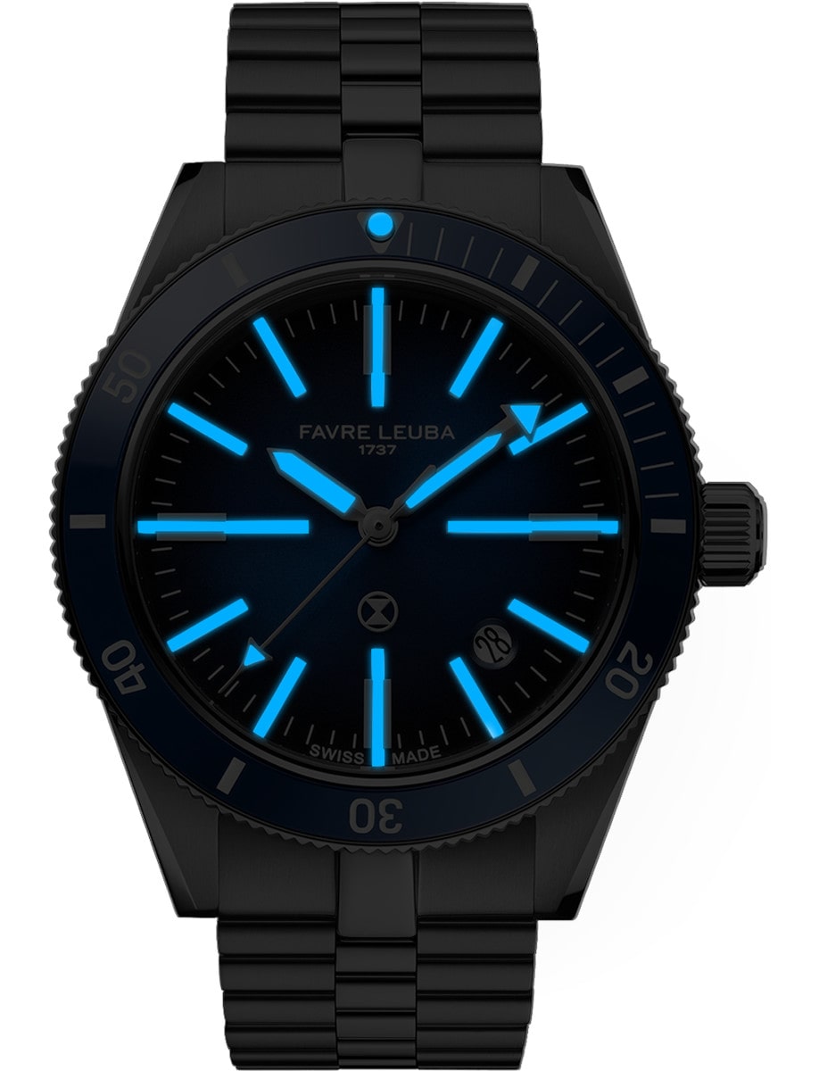 Night view of Favre Leuba wristwatch with stainless steel case and bracelet, and blue dial with luminous hands and markers.