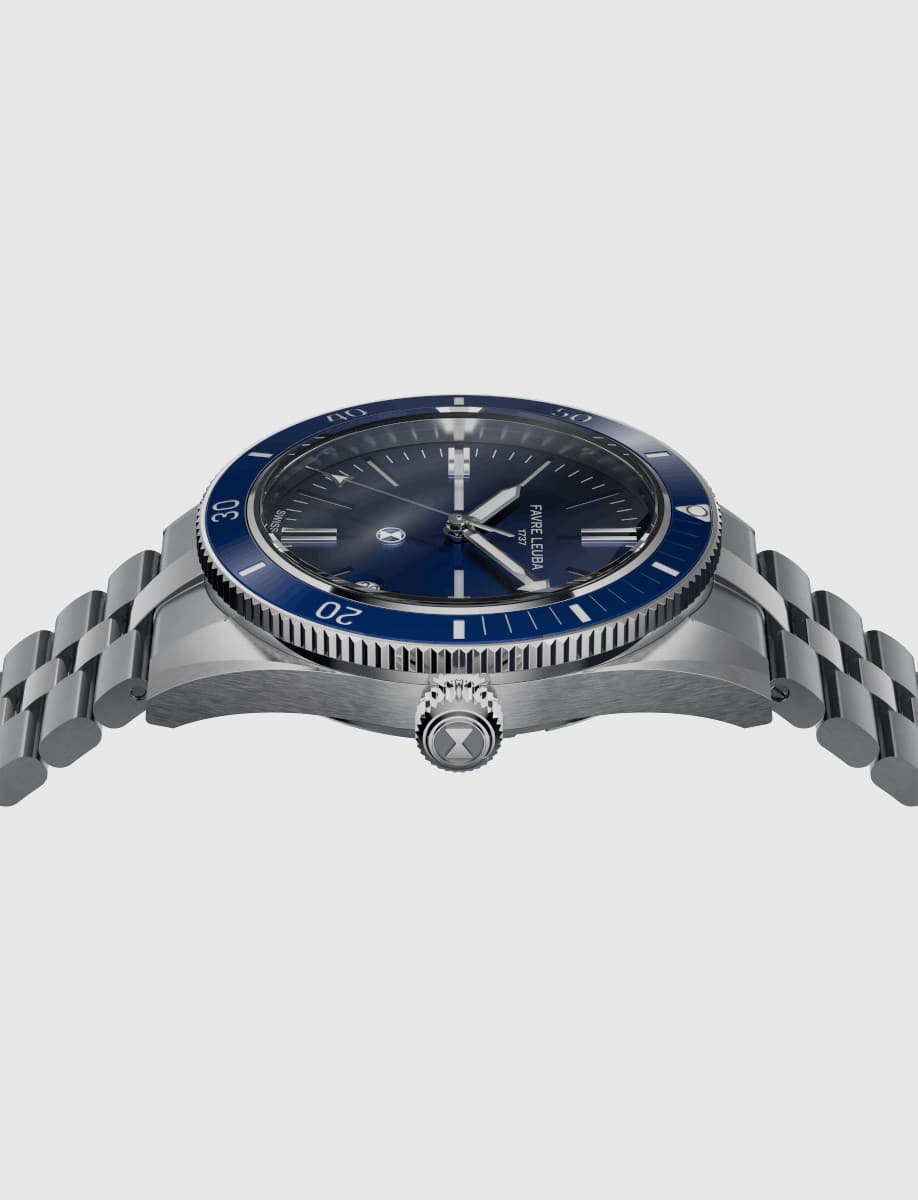 Side view of Favre Leuba wristwatch with stainless steel case and bracelet, and blue dial.