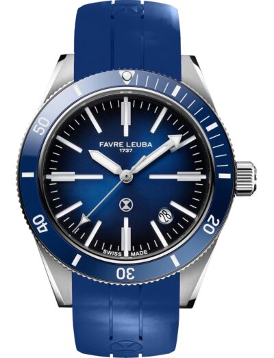 Favre Leuba wristwatch with stainless steel case, blue dial, and blue rubber strap.