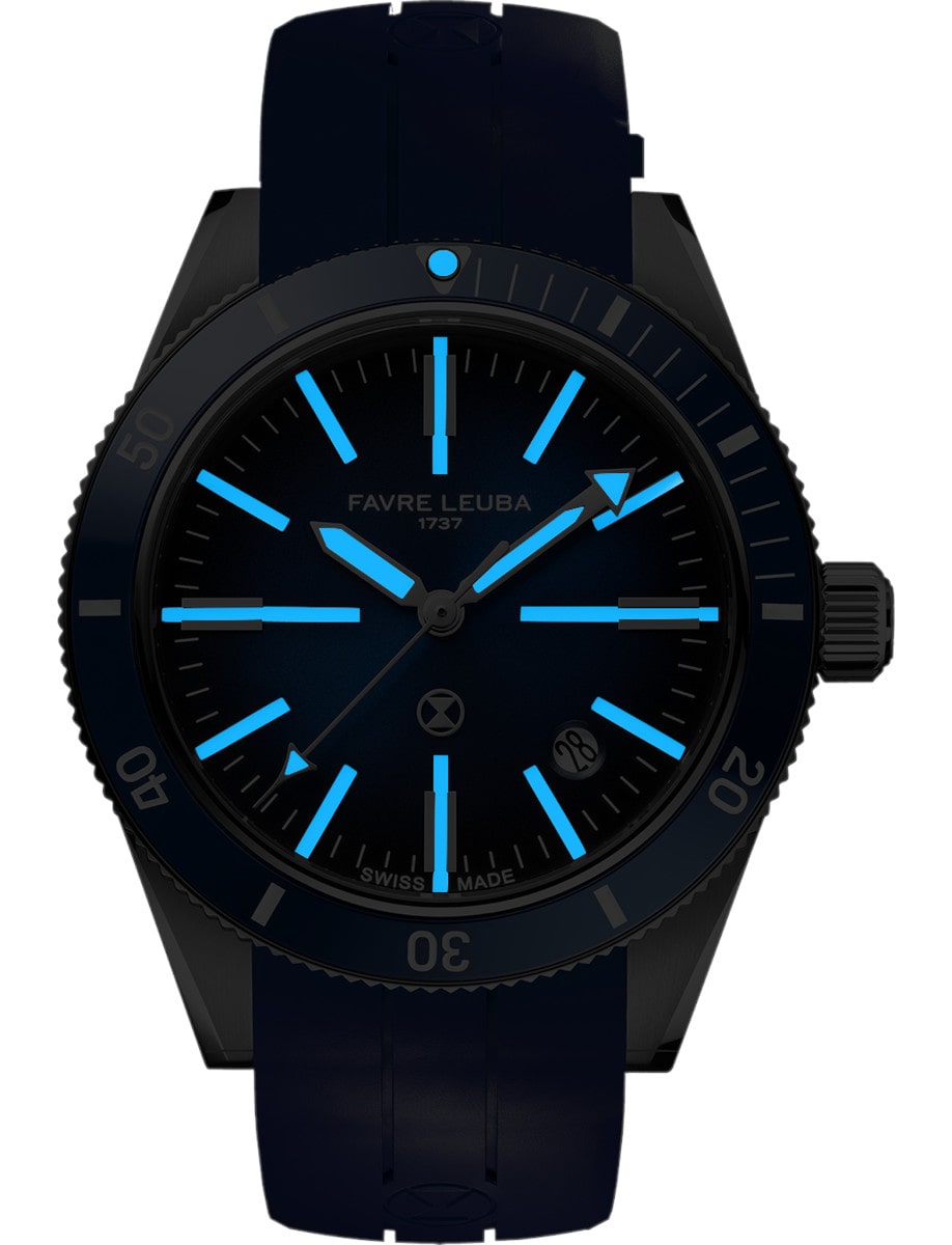 Night view of Favre Leuba wristwatch with stainless steel case, blue dial with luminous hands and markers, and blue rubber strap.