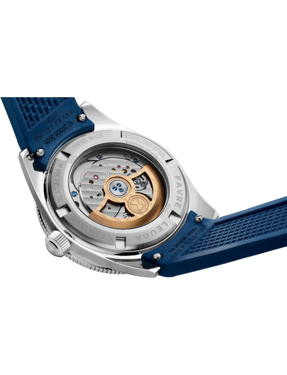 Back view of Favre Leuba wristwatch with stainless steel case, open case back, and blue rubber strap.