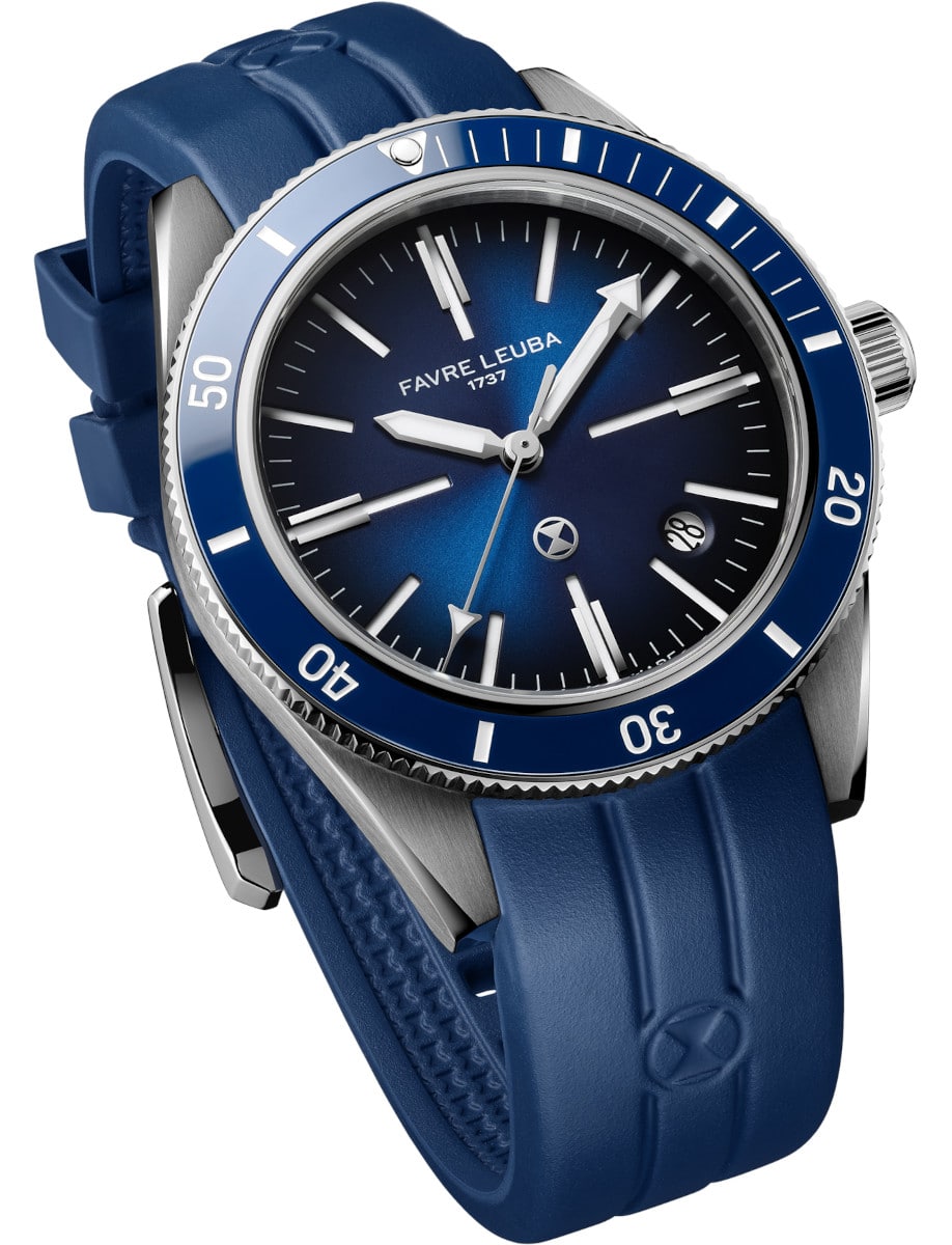 Side view of Favre Leuba wristwatch with stainless steel case, blue dial, and blue rubber strap.