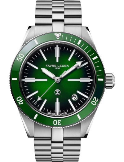 Favre Leuba wristwatch with stainless steel case and bracelet, and green dial.