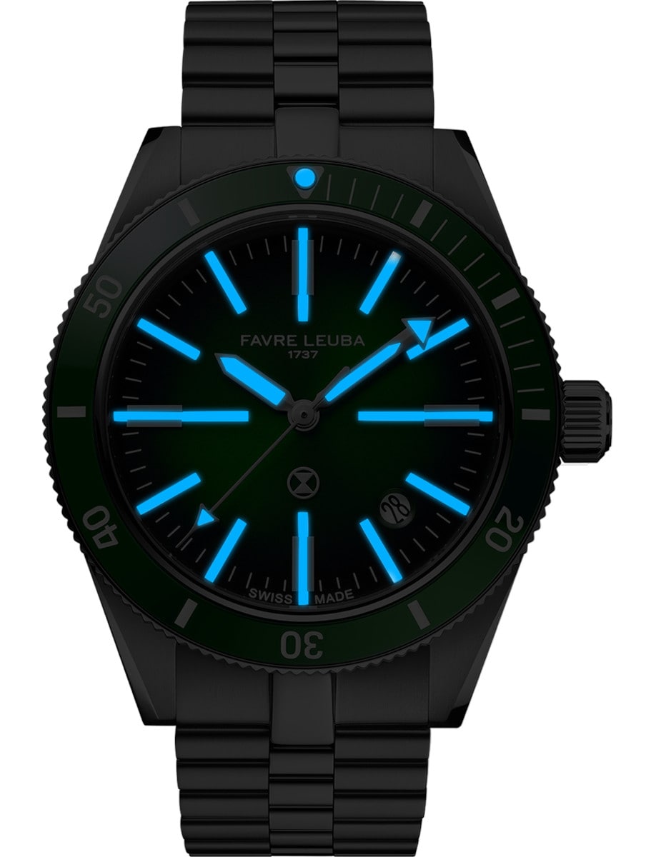 Night view of Favre Leuba wristwatch with stainless steel case and bracelet, and green dial with luminous hands and markers.