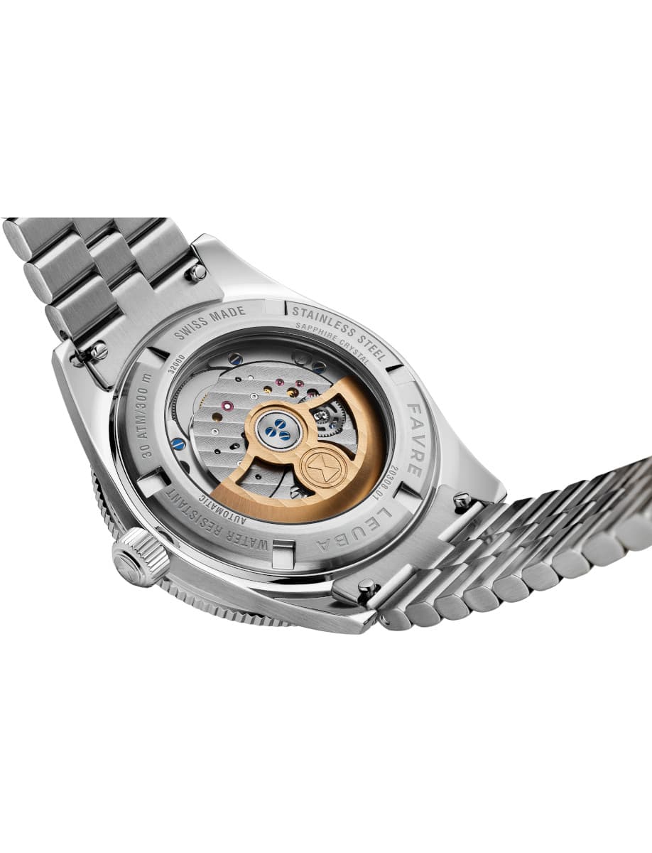 Favre Leuba wristwatch with stainless steel case and bracelet, and open case back.