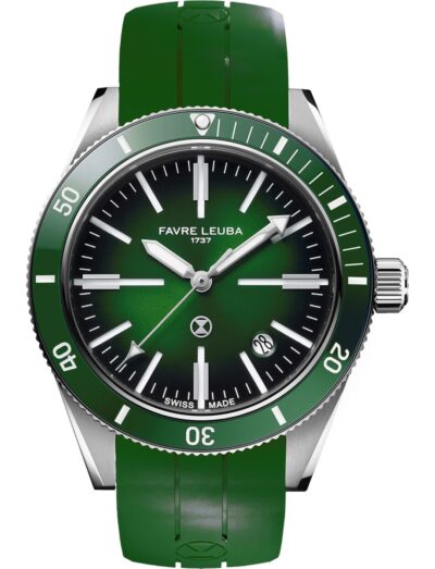 Favre Leuba wristwatch with stainless steel case, green dial, and green rubber strap.