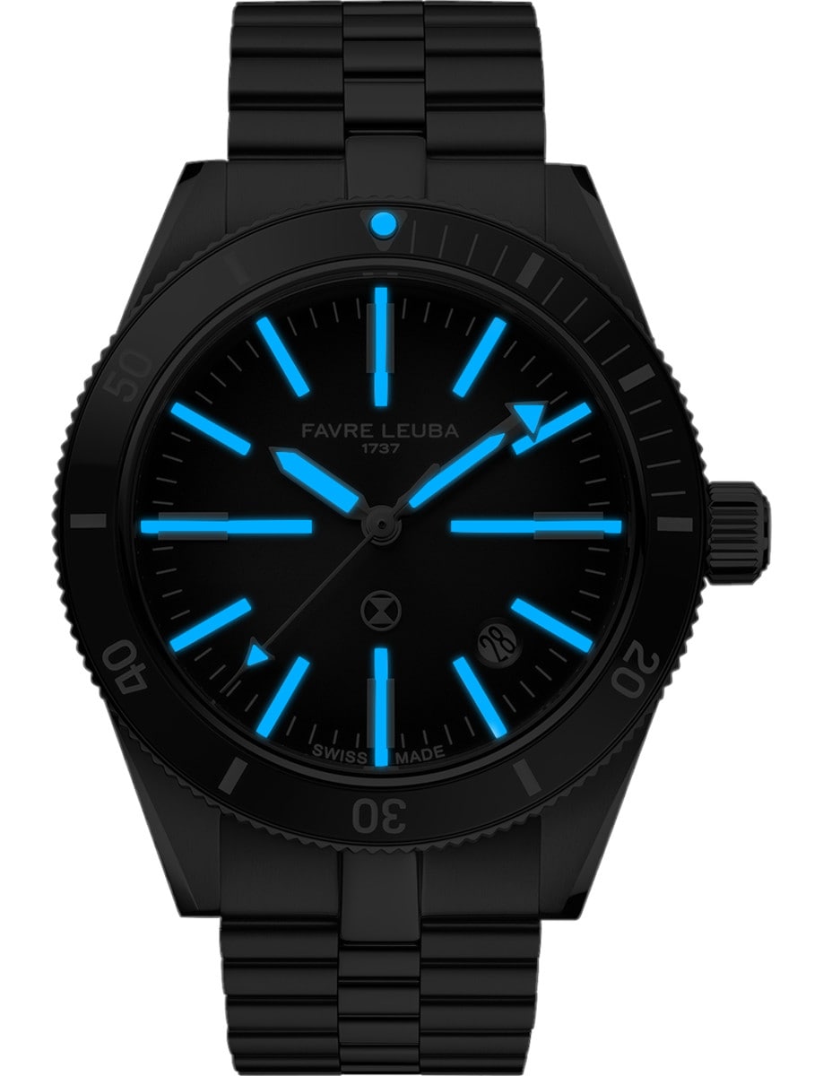 Night view of Favre Leuba wristwatch with stainless steel case and bracelet, and grey dial with luminous hands and markers.