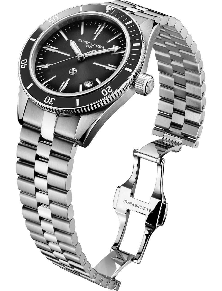 Side view of Favre Leuba wristwatch with stainless steel case and bracelet, and grey dial.