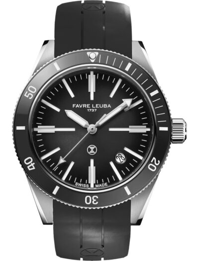 Favre Leuba wristwatch with stainless steel case, grey dial, and black rubber strap.