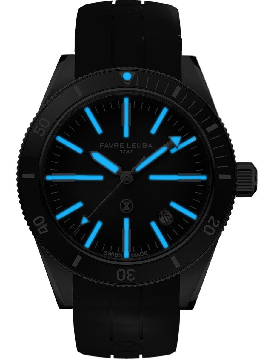 Back view of Favre Leuba wristwatch with stainless steel case, grey dial with luminous hands and markers, and black rubber strap.
