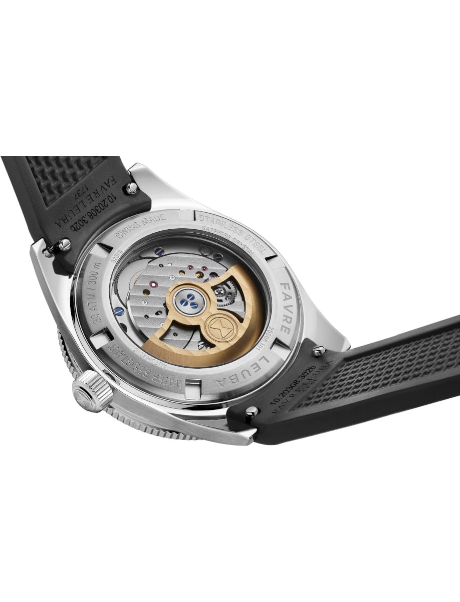 Back view of Favre Leuba wristwatch with stainless steel case, open case back, and black rubber strap.