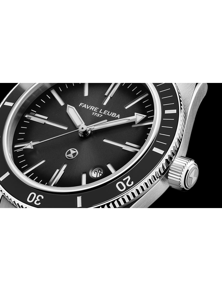 Close view of Favre Leuba wristwatch with stainless steel case and grey dial.