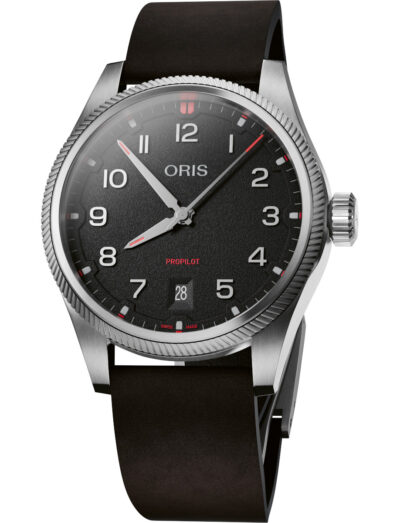 Oris wristwatch with stainless steel case, black dial, and black suede leather strap. | Feldmar Watch Co. Oris wristwatch with stainless steel case, black dial, and black suede leather strap.