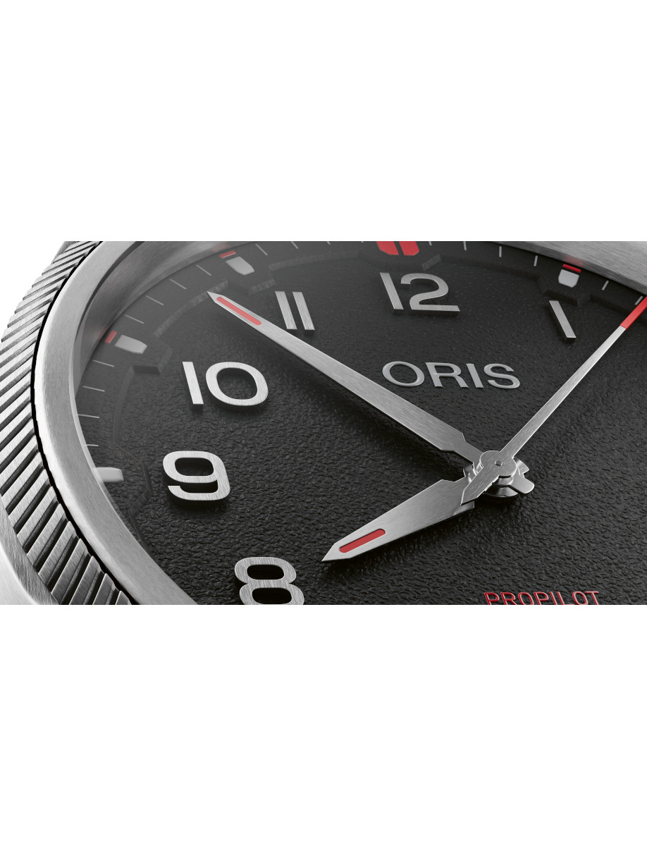 Close view of Oris wristwatch with stainless steel case, and black dial.