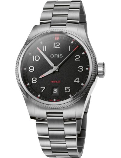 Oris wristwatch with stainless steel case and bracelet, and black dial.