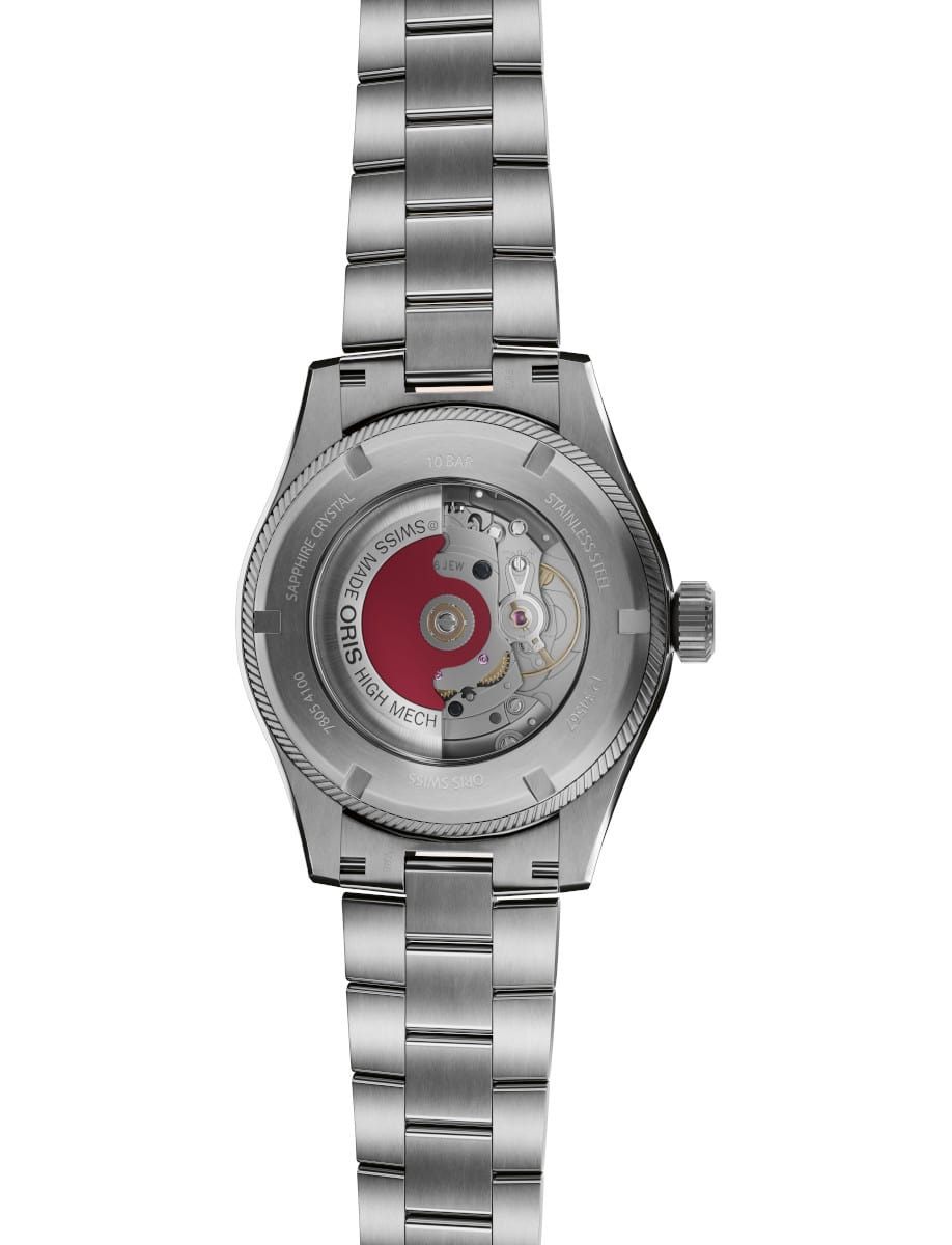 Back view of Oris wristwatch with stainless steel case and bracelet, and open case back.