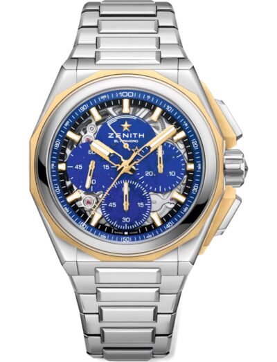 Zenith wristwatch with 18k microblasted yellow gold & polished steel case, Lapis Lazuli dial, and stainless steel bracelet.