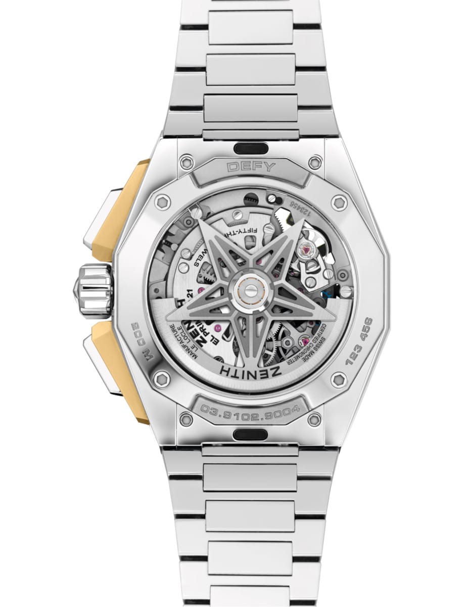 Back view of Zenith wristwatch with 18k microblasted yellow gold & polished steel case, open case back, and stainless steel bracelet.