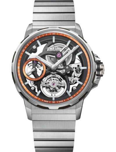 Angelus wristwatch with carbon composite case, skeleton dial, and titanium bracelet.