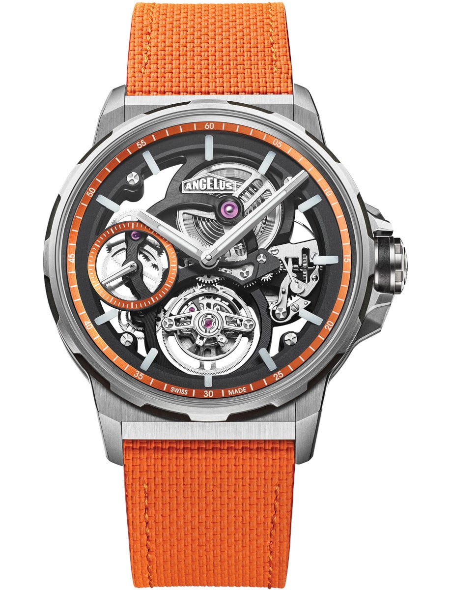 Angelus wristwatch with carbon composite case, skeleton dial, and orange rubber strap.